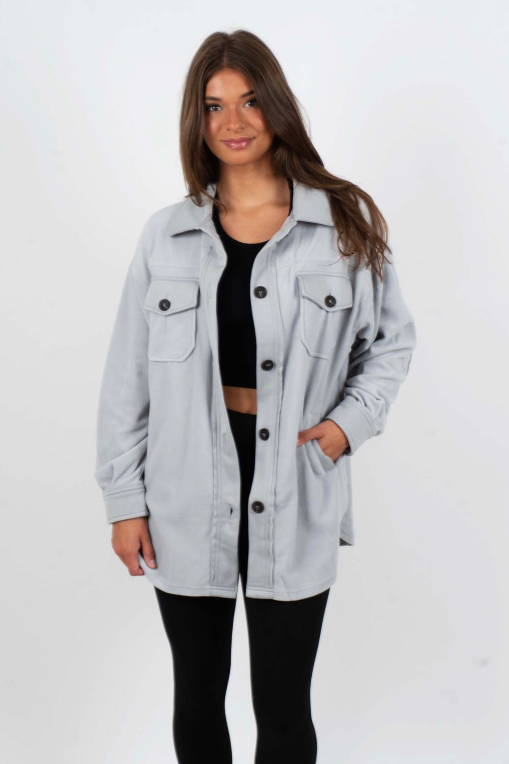 Step Into Love Shacket (Light Grey) Blushing