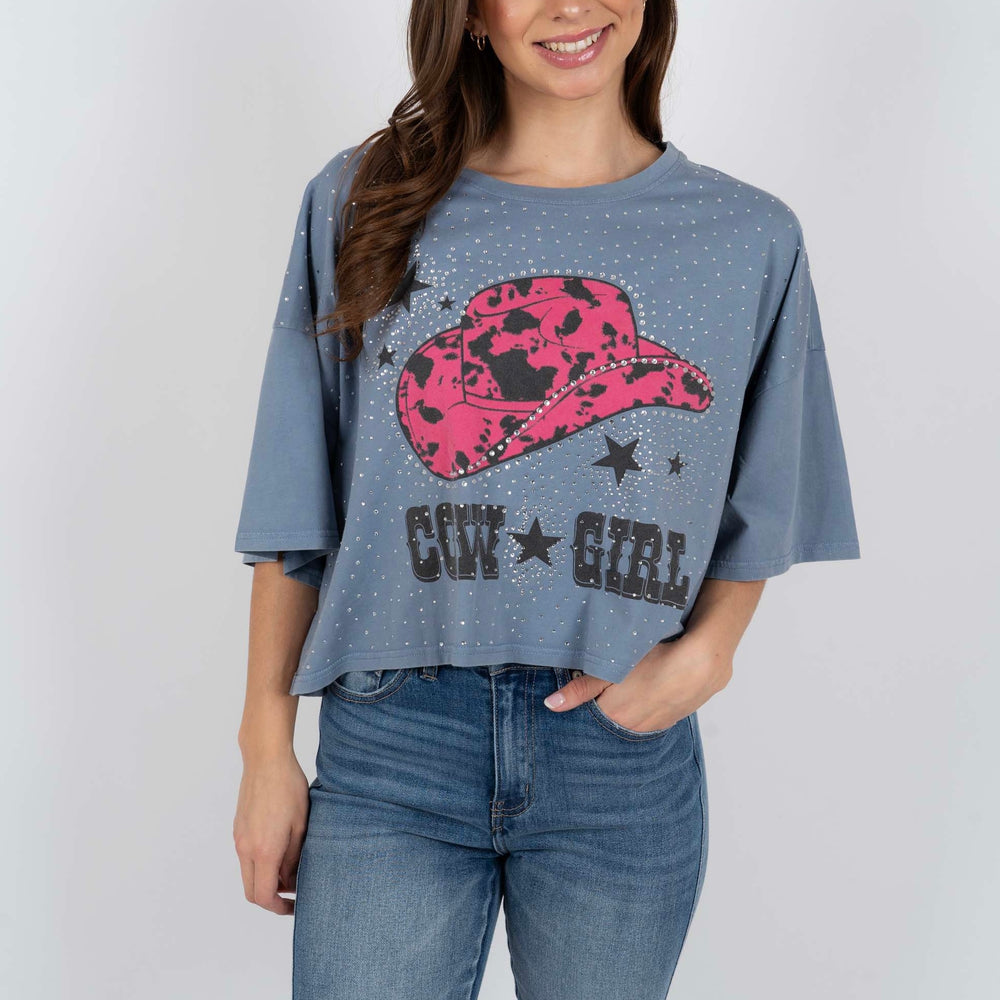 
                      
                        Rhinestone Cowgirl Hat Tee (Dusty Blue)
                      
                    