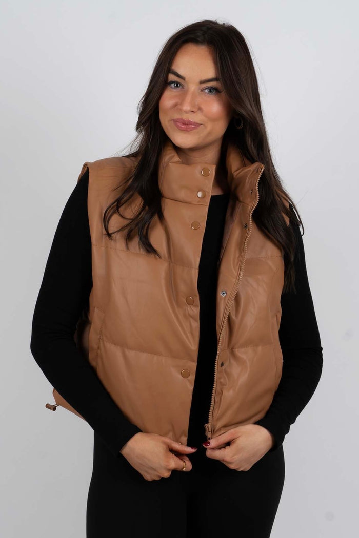 Alli Leather Puffer Vest (Khaki)