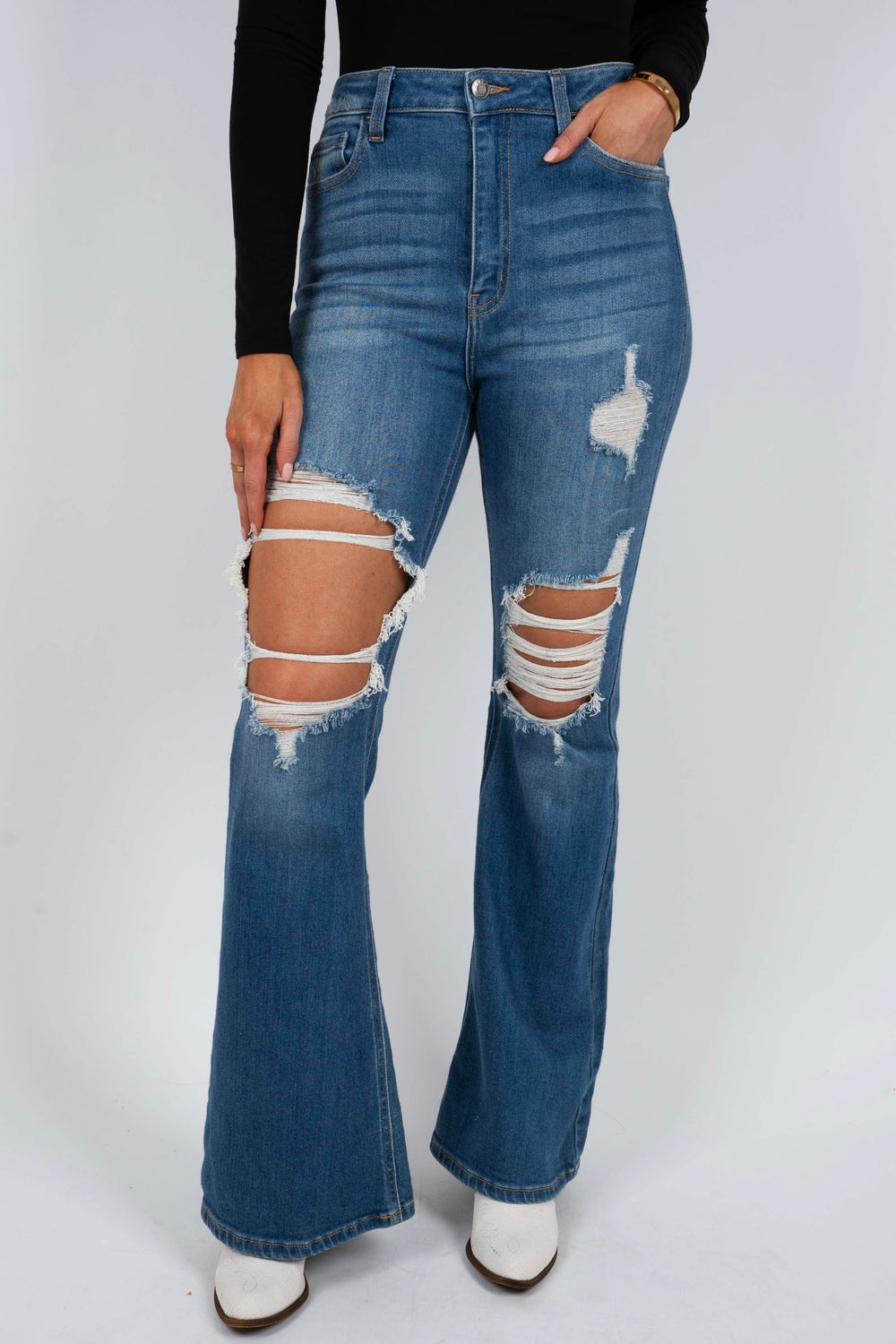 Jolie Distressed Flares (Medium Denim)