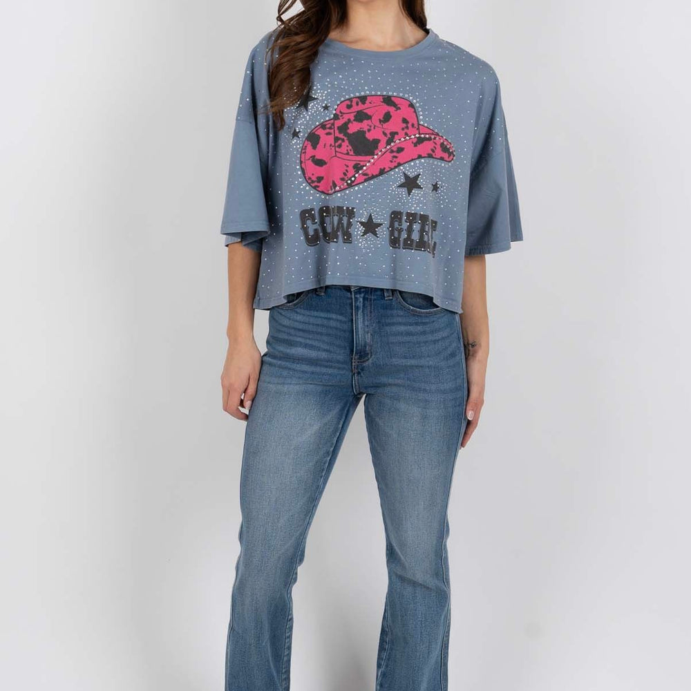 
                      
                        Rhinestone Cowgirl Hat Tee (Dusty Blue)
                      
                    