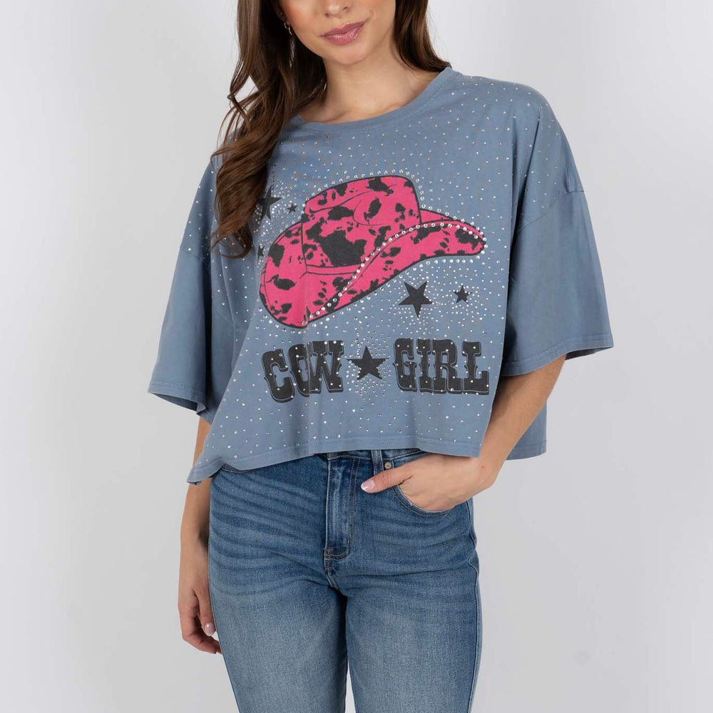 Rhinestone Cowgirl Hat Tee (Dusty Blue)