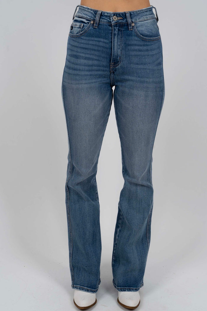 Dark Denim Front Pocket Button Up Flare Jeans - At The Boutique Cirencester