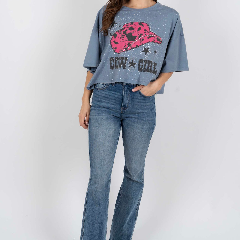 
                      
                        Rhinestone Cowgirl Hat Tee (Dusty Blue)
                      
                    