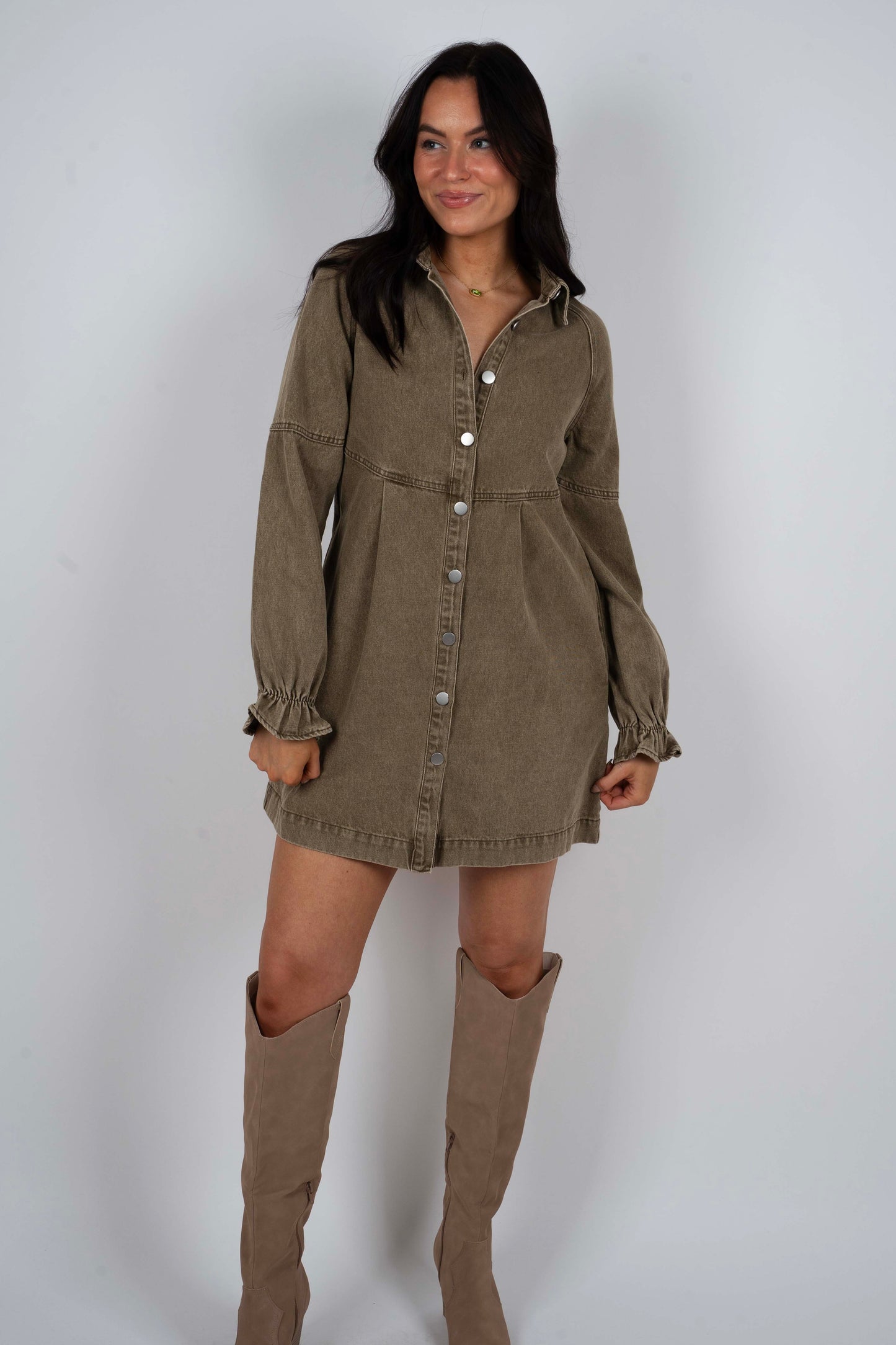 Only This Time Denim Dress (Olive)