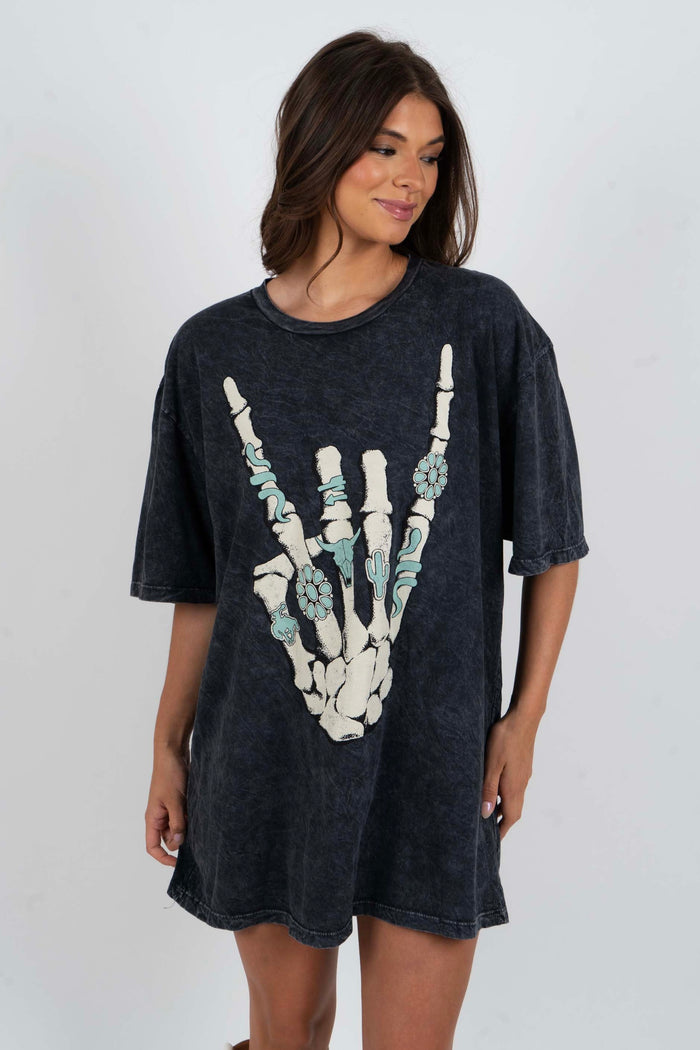 Skeleton Rock Hand Sign Graphic Tee