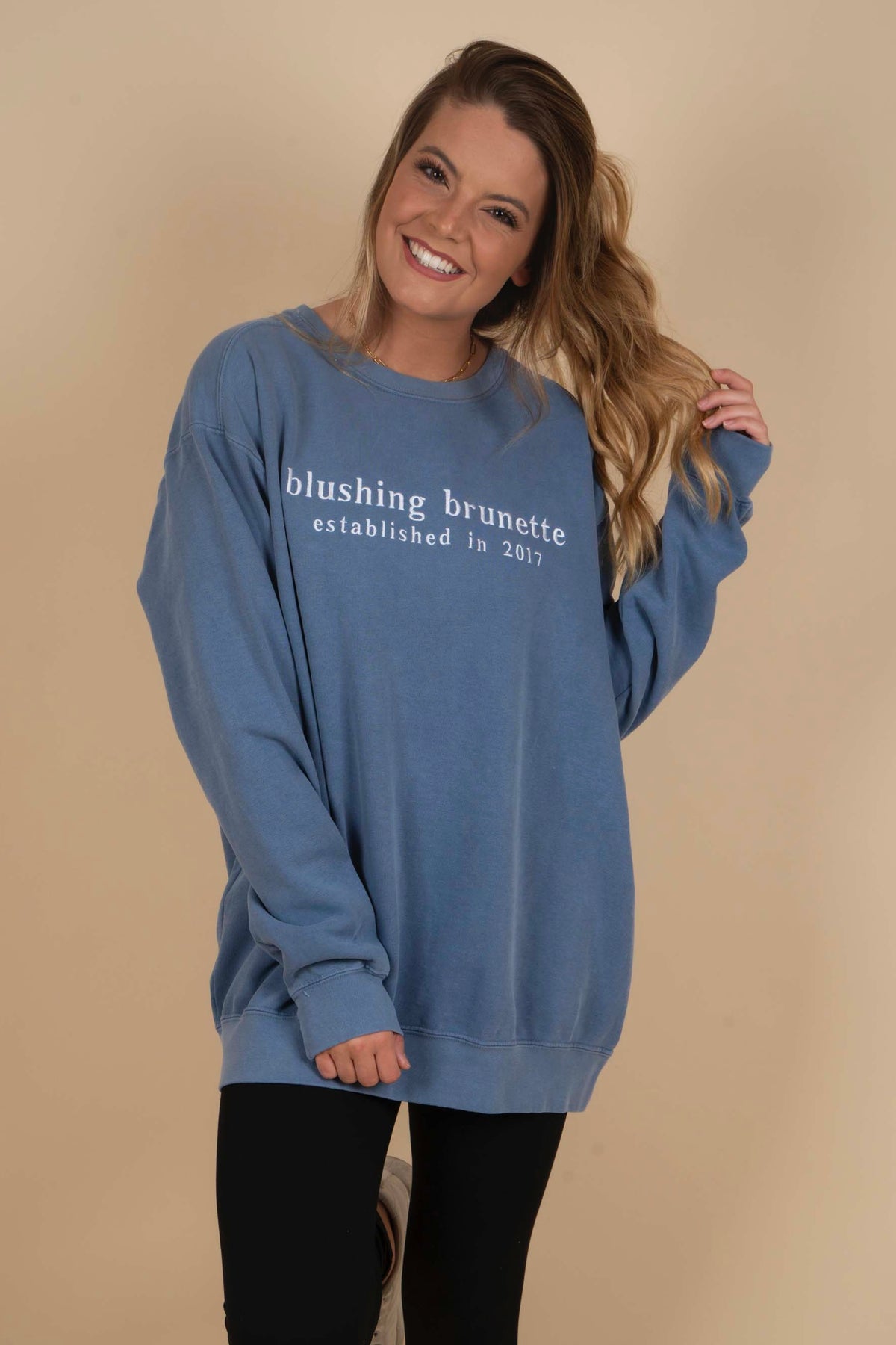 Embroidered Blushing Brunette Sweatshirt (Blue)