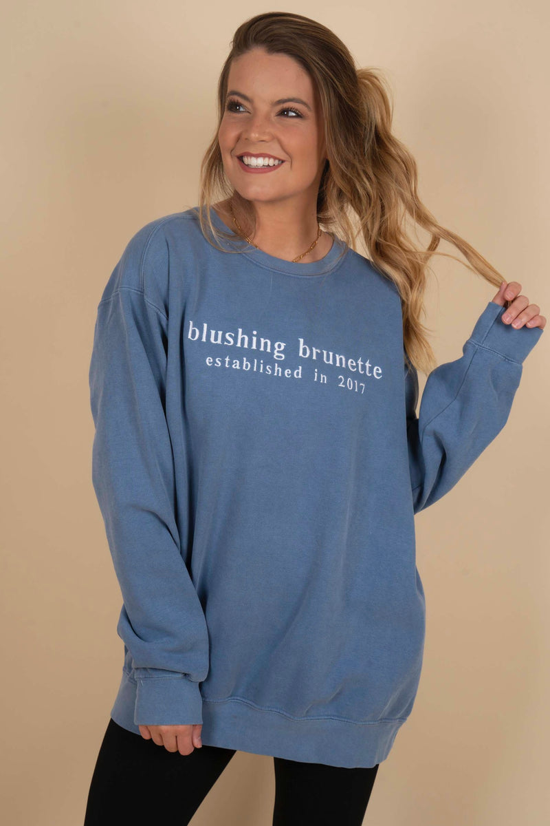 Embroidered Blushing Brunette Sweatshirt (Blue)