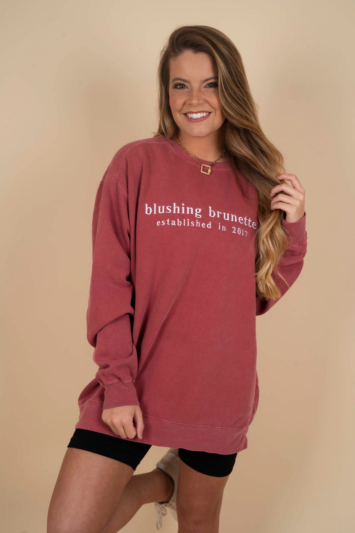 Embroidered Blushing Brunette Sweatshirt (Red)